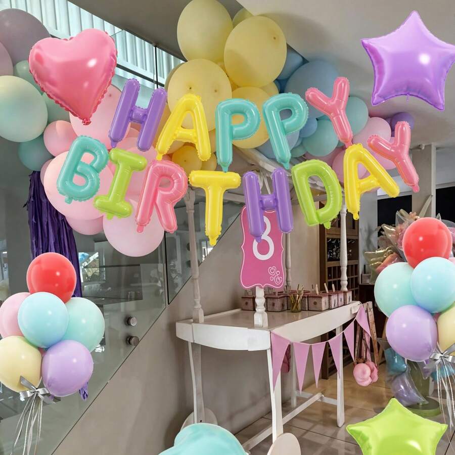 kumozawa 29件套粉彩彩虹生日快乐气球横幅,16英寸铝箔字母横幅,马卡龙色乳胶气球,18英寸星形和心形铝箔气球,适合女士/女孩派对装饰 - 多色 - 查看 1