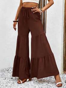 女士休闲裤，棕色，阔腿，松紧腰，带口袋，丝滑面料，波西米亚风格，宽松舒适 - 棕色 - 查看 4