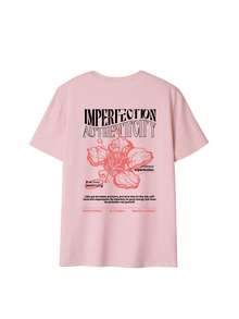 Women's Retro American Style Hibiscus & "Imperfect" Slogan Print T-Shirt, Loose Fit Flattering Silhouette, Artistic Healing Style Short Sleeve Top, Suitable For School, City Walks, Spring Outings Casual Pink Summer - Pink - View 3