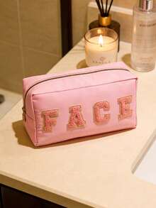 4个装雪尼尔字母刺绣化妆包，大容量多功能洗漱包 - 彩色 - 查看 3