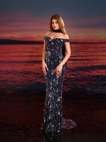 Elegant Navy Blue Sequin & Beaded Splice Sash Off-Shoulder Long Mermaid Evening Gown, Formal Party Dress Wedding Spring - Navy Blue - View 2