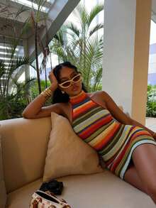 Robe d'été femme SEREN à bretelles spaghetti avec blocs de couleurs, robe d'été sexy dos nu pour vacances, vêtements d'été, robe de soirée, tenue de plage, robe décontractée femme, tenue de plage femme, robe d'été, tenue de vacances femme, robe de soirée élégante, tenue de plage femme, Top de plage femme, tenue de vacances femme, robe en tricot rayée femme, blocs de couleurs, robe de plage à bretelles spaghetti - Multicolore - Voir 6