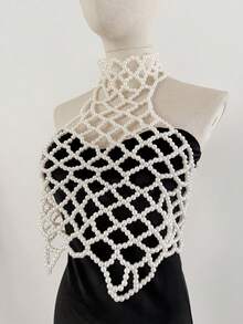 DEKUNER Elegant French Pearl Body Chain - Vintage Pearl String Net Suspender, Romantic Bridal Accessory - White - View 6