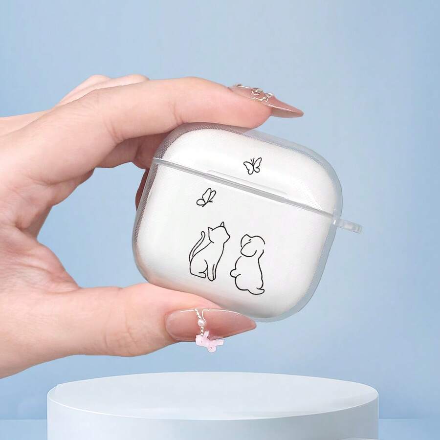 情侣猫咪追逐蝴蝶图案耳机保护套，适用于第一代/第二代耳机，新款无线耳机保护套 3/Pro/Pro2，男女朋友礼物，情人节礼物，节日礼物，复活节礼物 - 無色 - 查看 1