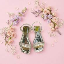 Women's Flat Sandal With Braided Detail, Rhinestone Strap, And Adjustable Closure - Elegant Luxury Fashion. - 金色 - 查看 2