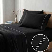 400 Thread Count 3-Piece Bedding Set With Fitted Sheet And Pillowcases, Soft Touch, Everyday Comfort, Single, Full, Queen, King - 黑色 - 查看 2