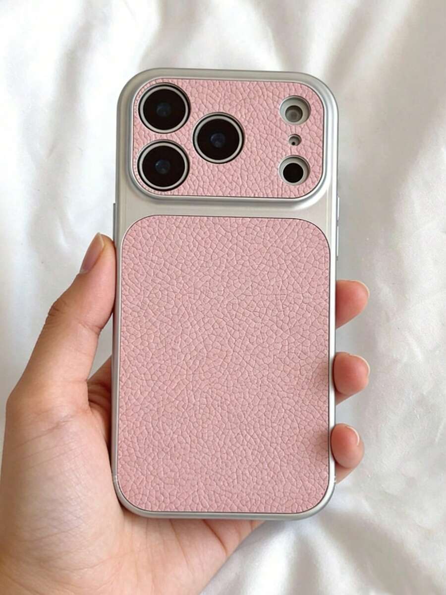 时尚简约荔枝纹皮革质感大窗口防滑防摔防震轻薄耐磨手机壳，适用于 17 Pro Max、17 Pro、17、16 Pro Max、16 Pro、16、15、14 Pro、13、12 Pro、11等机型，带摄像头保护，磨砂柔软防摔保护套 - 粉色 - 查看 1