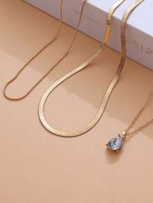Bộ 3 chiếc dây chuyền mặt dây chuyền nhiều lớp hình giọt nước tối giản đính đá Cubic Rhinestone, thích hợp cho nữ mặc hàng ngày, hẹn hò và dự tiệc. - Vàng - Xem 2