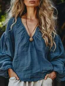 Classic Retro Pleated Loose Deep V Lantern Sleeve Top - Blue - View 4