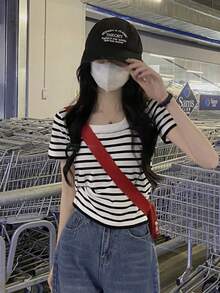Women's Striped Design Contrast Color Short Sleeve Knit Top, Minimalist & Stylish Summer Wear White - White - View 7