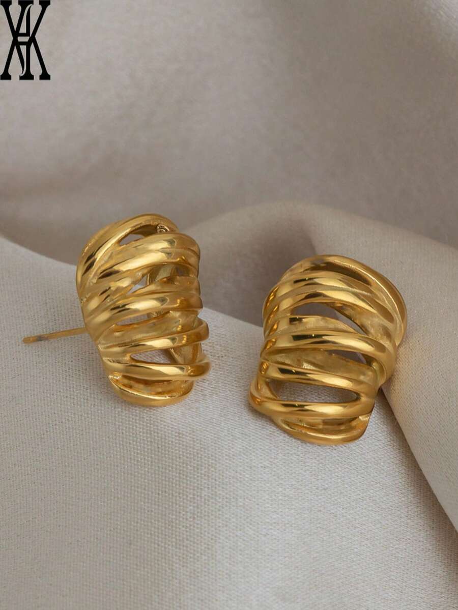 1 Pair Gold Twisted Rope Minimalist Chic Unique Fashion Design Earrings, Suitable For Women's Holiday, Commute And Daily Wear - Gold - View 1