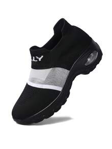 女士套脚式气垫网布拼接透气跑步鞋，时尚百搭运动鞋 - 黑色 - 查看 9