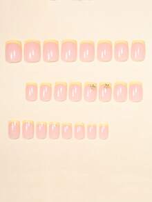 24pcs Short Square False Nails Set, Minimalist Fashionable Metallic Starfish Pattern Yellow French Manicure, Elegant Daily Cream Yellow Striped Starry Pattern, Full Cover Fake Nails Set, Comes With 1 Adhesive Sticker And 1 Mini File, Random Delivery - Yellow - View 3