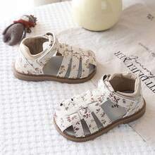 1 Pair Baby Girls' Floral Woven Sandals, Hook And Loop Design, Soft Sole Non-Slip Children Shoes - Beige - View 2