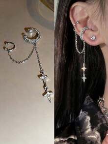 1pc Black Cross Integrated Stud Earring With Chain, Edgy, Fashionable, Suitable For Women's Daily And Festival Wear - Gold Chain - View 10