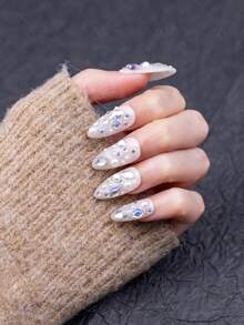 10Pcs Premium Handmade Almond Press On Nails, Glitter Design, Luxury Pearl, Aurora Rhinestones, Glossy Finish, Salon Quality, Winter Nails, Gift For Her Summer Easter - Follow Your Heart - Xem 7