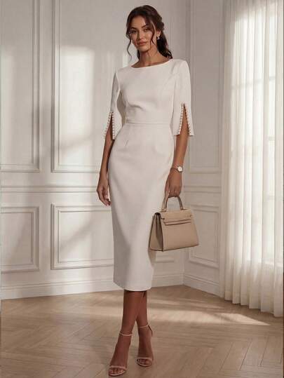 Solid Color Casual Elegant Vintage French Style Beaded Round Neck A-Line Dress, Waist Cinched Slimming, Suitable For Party, Commute, Office, Daily, Vacation, Date White Summer