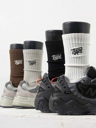 1 đôi tất cổ cao mềm mại và thoáng khí, màu trơn, in chữ, họa tiết thêu cổ điển, cổ tất co giãn, đa năng cho đi làm/thường ngày/thể thao, nhiều màu sắc để lựa chọn, món đồ thiết yếu thoải mái dễ phối đồ cho mọi mùa.