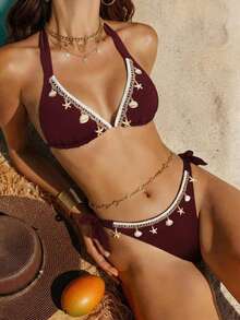 2pcs/Set Set Bikini Kasual Seksi Dekoratif Tema Laut Wanita, Baju Renang Leher Halter Warna Polos untuk Liburan Musim Panas di Pantai - MultiWarna - View 4