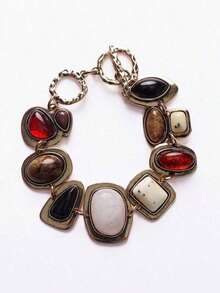1Pc New Bohemian  Vintage Bracelets Women Fashion Golden Metal Hollow Link Charm Resin  Statement Bracelets ﻿   (Random Resin Color) - 青銅 - 查看 5