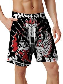 Gretsch Guitar Rockabilly Pinup Swim Trunks Men's Beach Shorts With Vintage Design And Stars Pattern - Multicolor - View 3