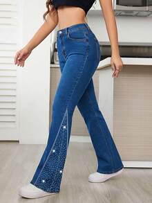 ALO FASHION Women's Boho-Style Flared Denim Long Pants, Washed With Rhinestones And Metallic Mesh Details, Highly Elastic. - 寶藍色 - 查看 2