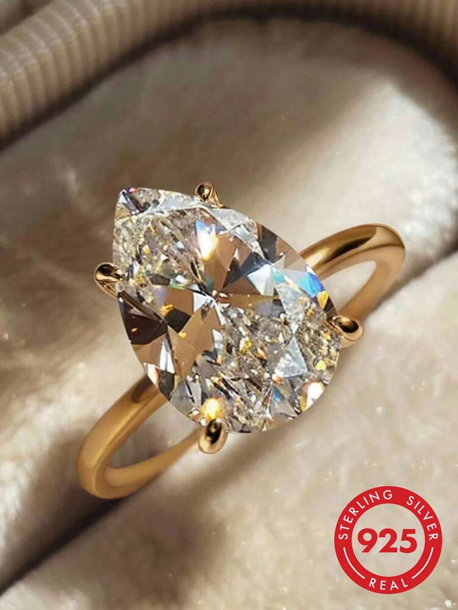 1枚优雅奢华925纯银四爪水滴形戒指，女士珠宝礼物，生日礼物，派对礼物