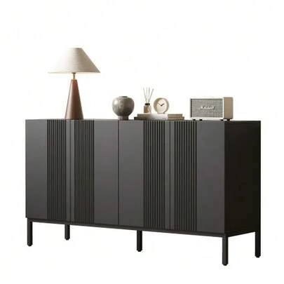 Modern Sideboard With Unique Lines, 4 Handleless Doors, Ideal For Dining Room, Living Room And Kitchen (Black)