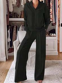 2-Piece Set Of Wide-Leg Pants - Loose Long-Sleeved And Pants, Anti-Wrinkle Both Office And Casual Wear, Washable Spring And Autumn Business Attire - 黑色 - 查看 4