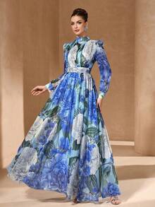 Elegantes Blumenprint Kleid mit hohem Kragen, Chiffon Puffärmel, geraffter Taillenentwurf, retro romantisches Blumen A-Linien Maxikleid, geeignet für den Urlaub - Verschiedenfarbig - Übersicht 6