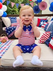 Baby Boy 4th Of July Outfit Patriotic Short Sleeve Flag Embroidery Striped Romper With Star Print Shorts 2Pcs Set , 4th Of July Baby Boy Outfit  0-3Months 3-6Months 6-12Months12-18Months - 彩色 - 查看 3