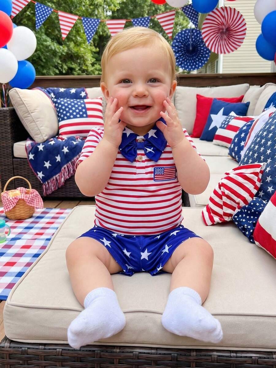 Baby Boy 4th Of July Outfit Patriotic Short Sleeve Flag Embroidery Striped Romper With Star Print Shorts 2Pcs Set , 4th Of July Baby Boy Outfit  0-3Months 3-6Months 6-12Months12-18Months - 彩色 - 查看 1