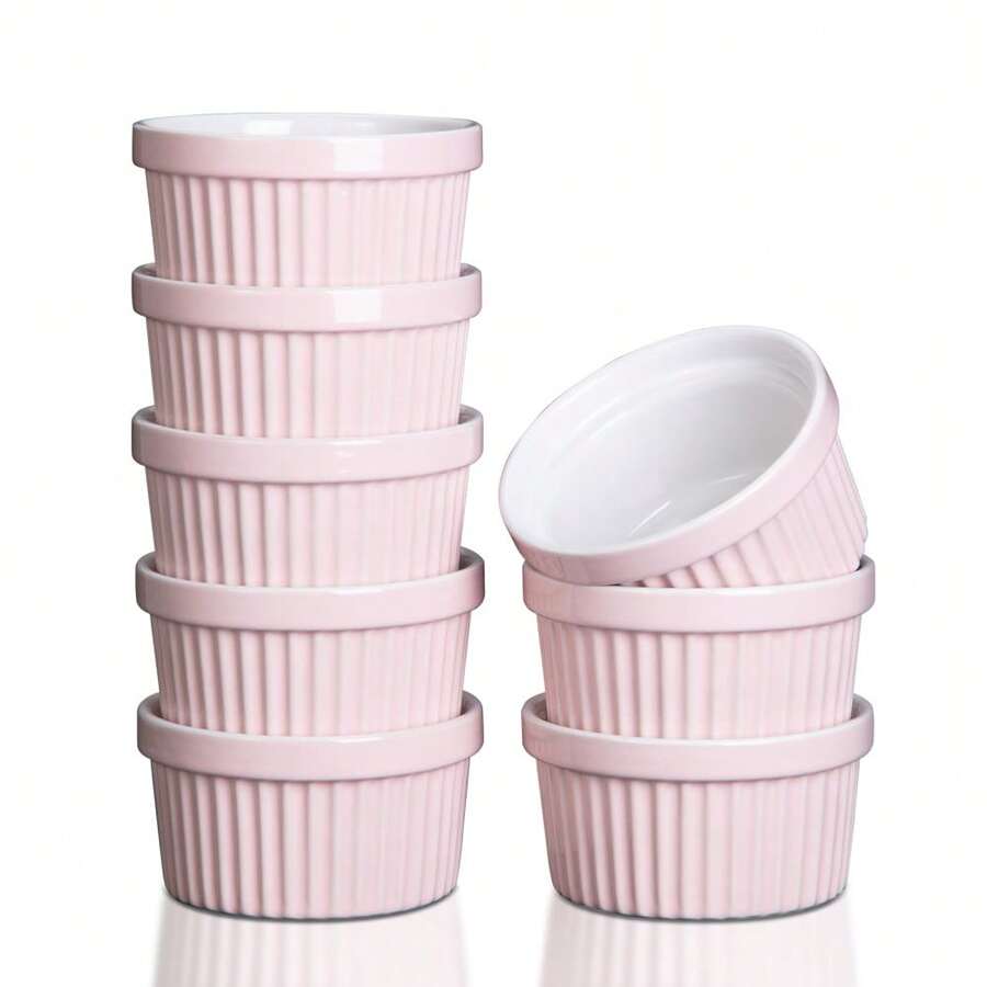 8 Oz Ceramic Ramekins Oven For Baking, Creme Brulee Souffle Bowls, Dipping Sauce Bowls, Classic Dessert Bowls For Pudding, Dishwasher, Freezer , Set Of 8 - Hồng - Xem 1