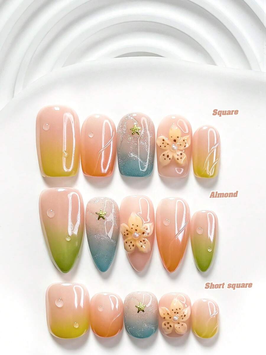 10 pièces Set d'art des ongles dégradé fait main, faux ongles pressés, décoration d'ongles en forme d'étoile de mer, décorations d'ongles à fleurs à 5 pétales faites main, vernis à ongles jaune-vert-bleu-orange, style frais naturel, comprend des outils à ongles (1 autocollant en gelée + 1 lime à ongles), 3 tailles disponibles : carré, carré court, amande, convient pour les rassemblements, le port quotidien, les fêtes, la photographie, les déplacements printemps/été - Multicolore - Voir 1