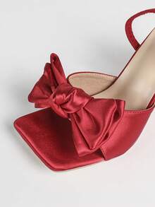 Chaussures à talons hauts à bout carré rouge avec décoration nœud papillon, élégantes et confortables pour soirée, banquet et usage polyvalent - Rouge - Voir 3
