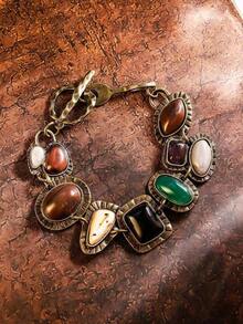 1Pc New Bohemian  Vintage Bracelets Women Fashion Golden Metal Hollow Link Charm Resin  Statement Bracelets ﻿   (Random Resin Color) - 青銅 - 查看 8