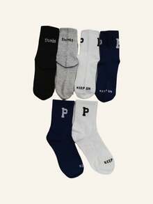 4 pares Entrega aleatoria Calcetines unisex de media pantorrilla, estilo Ins para primavera, verano, otoño. Pantalones a juego con estampado de tiburón y letra P. Calcetines deportivos sólidos negros/blancos, otoño - Multicolor - Ver 10