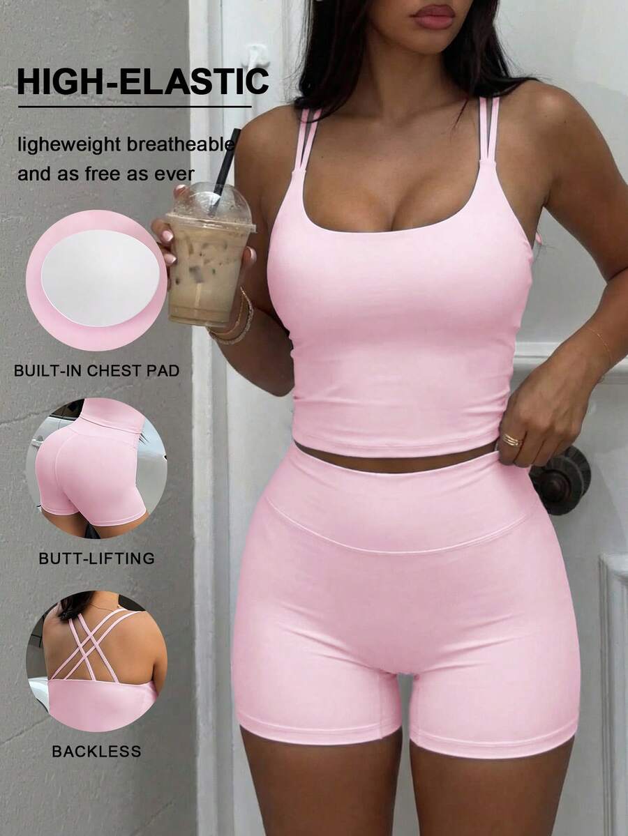 GAOVOT 女士夏季两件套蓝色简约性感露背上衣搭配高腰短裤，适合瑜伽、健身、跑步、普拉提和健身房活动，粉色 - 粉色 - 查看 1
