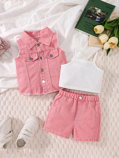 3pcs/Set Girls' Summer Patchwork Sleeveless Pink Denim Vest With Camisole And Denim Shorts, Casual Vacation Outfit For Toddler