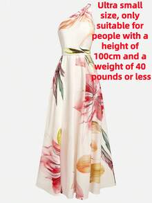 Ladies' One Shoulder White Floral Print Medium Length Dress With Belt | Elegant Beach Wedding Attire, Sleeveless, Asymmetrical Collar, Perfect For Spring And Autumn Seasons - Màu be - Xem 12