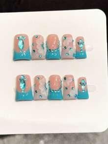 10 piezas de uñas postizas cortas con forma de pato, estilo francés azul lago con cristales, patrón floral elegante, ajuste cómodo - Azul menta - Ver 3