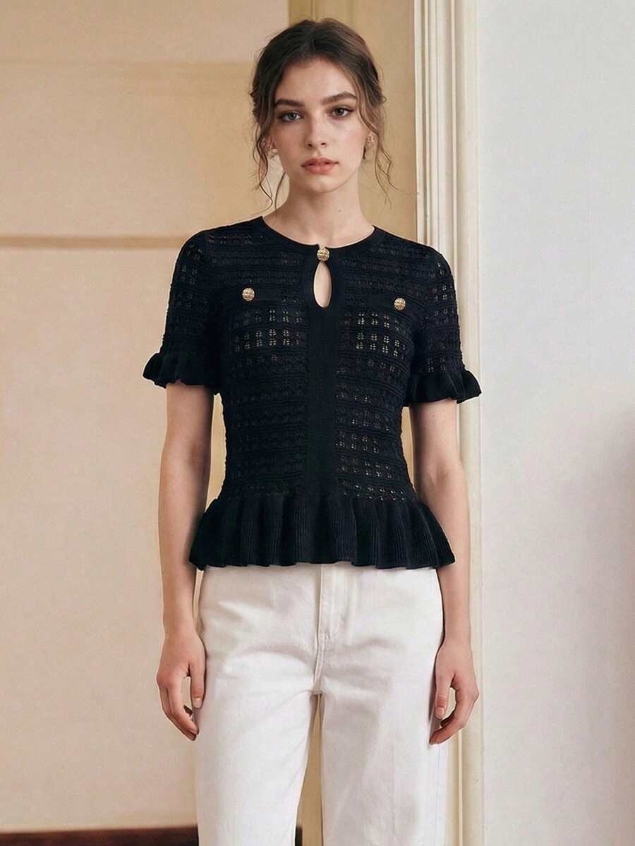 Top de punto de verano para mujer, top de punto de unicolor con bolsillos falsos, adecuado para citas nocturnas, vacaciones, viajes, desplazamientos diarios y salidas, suéter de punto elegante para mujer de manga corta, dobladillo con volantes de longitud regular, top de punto negro, semitransparente, cómodo de llevar. - Negro - Ver 1