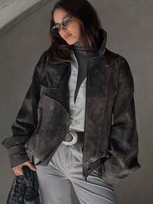 女士春季新款时尚纯色仿皮夹克，休闲夹克，复古立领，拉链口袋，高街风格街头服饰黑色 - 黑色 - 查看 4