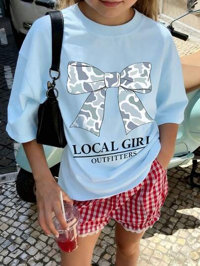 Girls' Casual Campus Style Game Theme T-Shirt, "Local Girl Outfitters" Bow Print Loose Comfortable T-Shirt For Summer Daily Wear