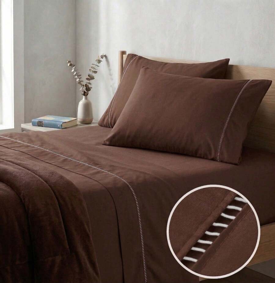 400 Thread Count 3-Piece Bedding Set With Fitted Sheet And Pillowcases, Soft Touch, Everyday Comfort, Single, Full, Queen, King - 鏽棕色 - 查看 1