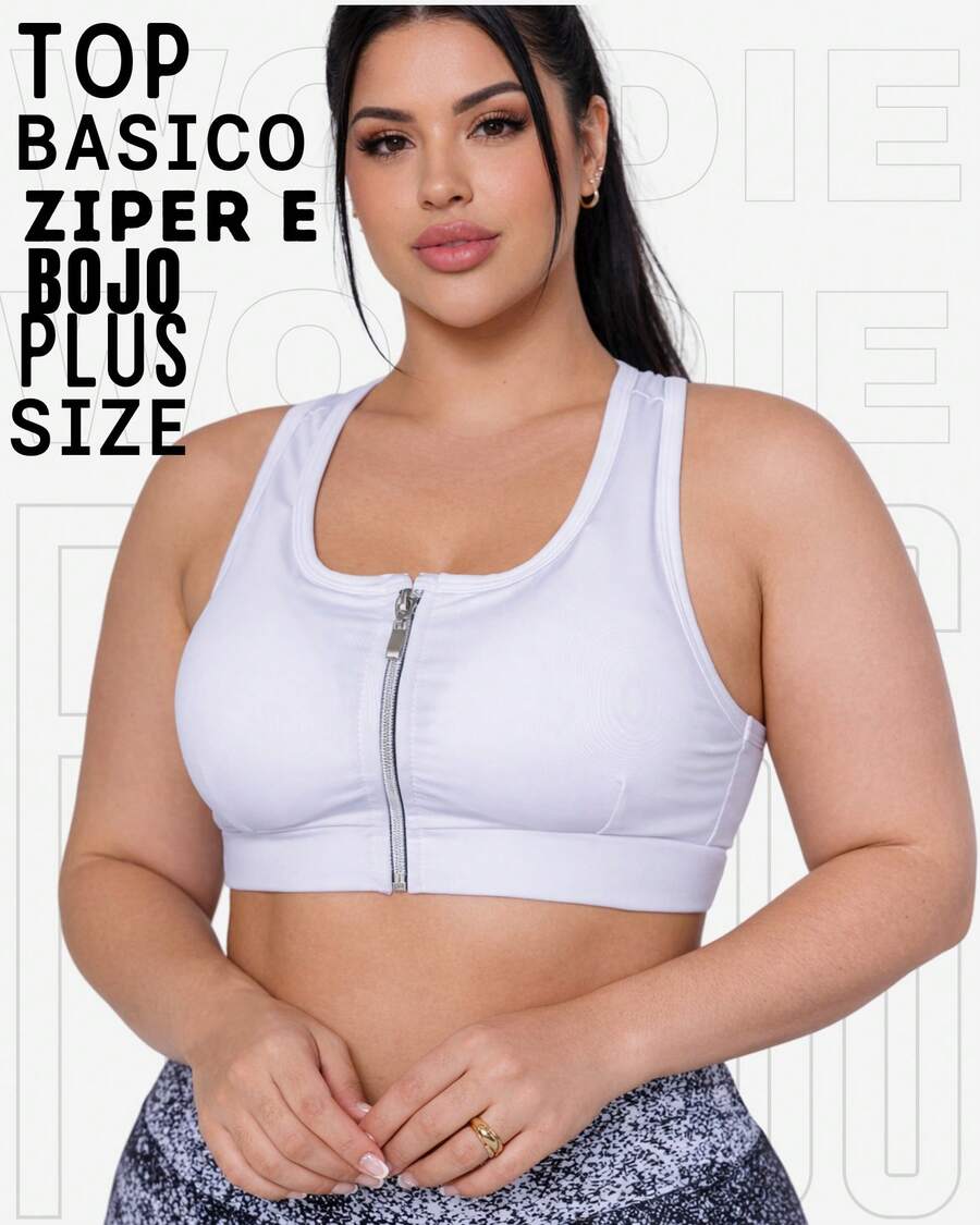 Women's Plus Size Cropped Fitness Top With Zipper And Removable Padding, WOLFOX, In Polyester Spandex. - White - View 1
