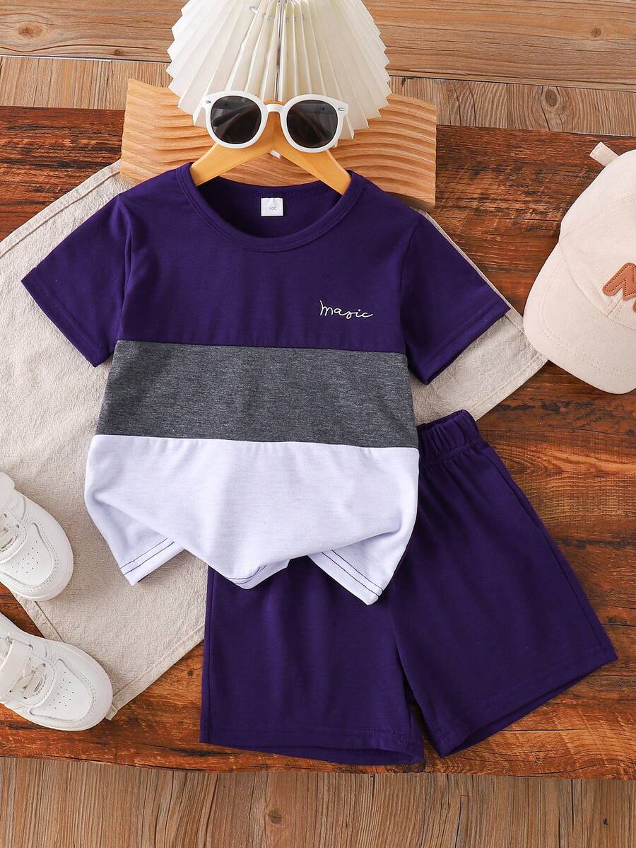 Setelan 2pcs Musim Panas: Kaos Lengan Pendek Leher Bulat dan Celana Pendek, Kasual, Olahraga, Pelajar, Liburan, Atletik untuk Usia 3-7 Tahun - Purple - View 1
