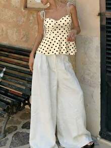 Camiseta sin mangas ajustada de verano con lunares, contraste de color, casual, elegante, versátil para citas y uso diario, con lazo en la cintura y volantes en el bajo - Amarillo - Ver 5