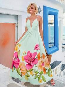 Women's Casual Vacation Dress, With Print And Backless Design, Elegant And Stylish, Halter Neck Style With A Full Skirt. - 薄荷綠 - 查看 7