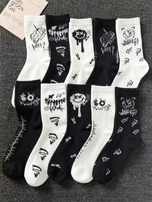 1 Pair/5 Pairs/10 Pairs Random Crew Socks For Men, Black & White Cartoon Ghost Face Design, Creative Stylish Socks, Breathable Comfortable Moisture-Wicking, Suitable For Sports, Casual, Street Style, Daily Wear - Multicolor - View 2